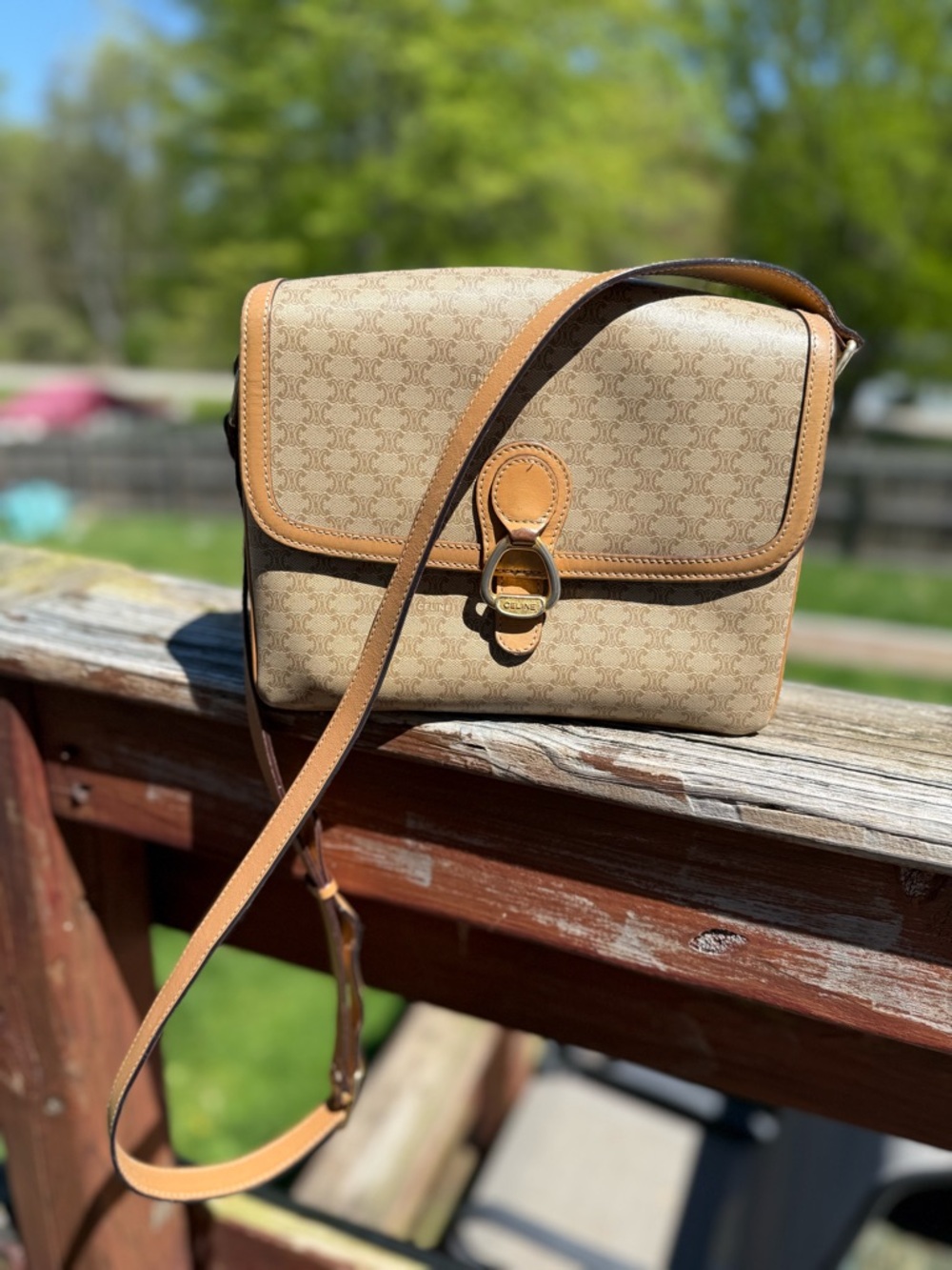 Celine Beige Monogram Crossbody with Tan Leather Trim